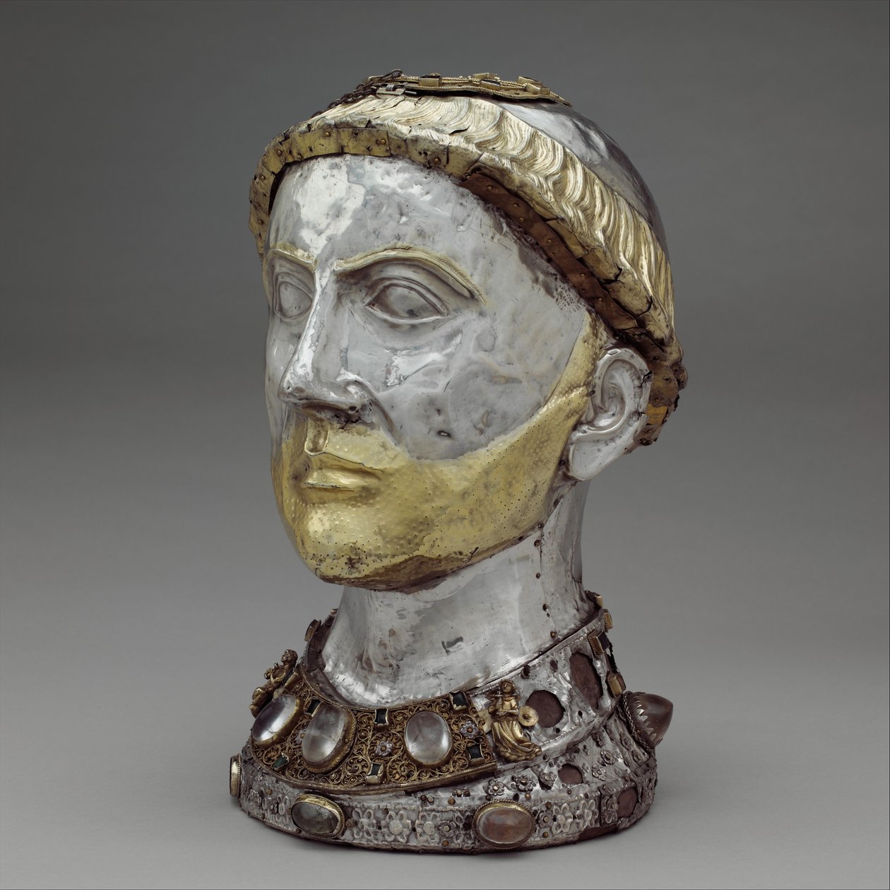 Relikviebuste af Saint Yrieix, ca. 1220-40 (forgyldt sølv med bjergkrystal, ædelstene og glas) af French School