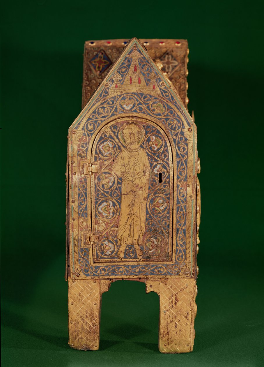 Relikvieskrin af St. Calminius, detalje af St. Peter, der holder nøglerne, Limoges (kobber & champleve-emalje) af French School