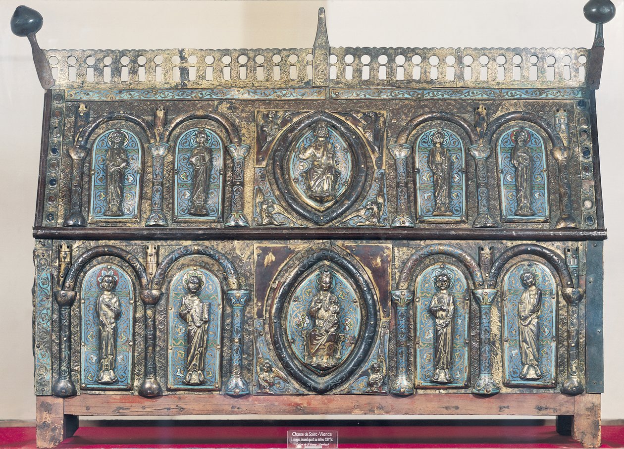 Relikvieskrin fra St. Viance, Limousin School, ca. 1230-50 (forgyldt kobber & champleve-emalje) af French School