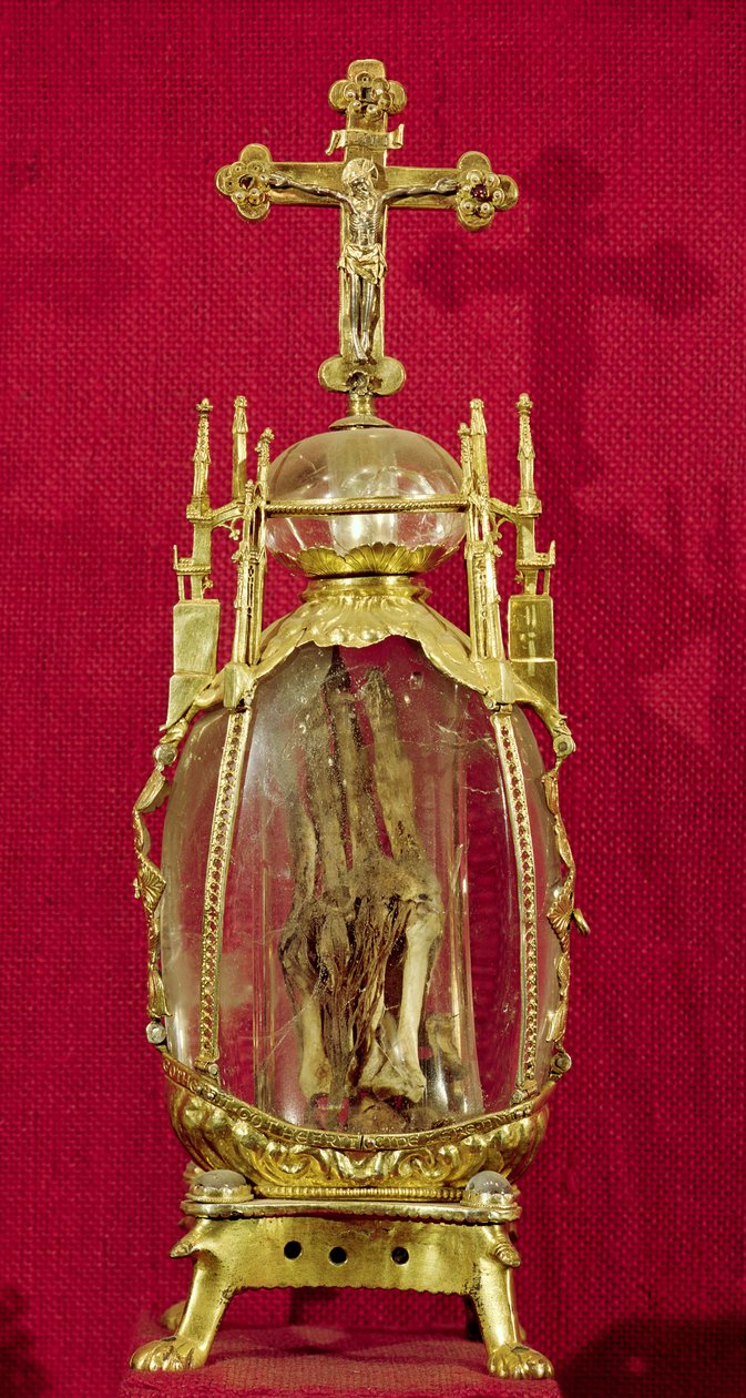 Relikvieskrin indeholdende St. Attalias hånd (ca. 697-741) 12.-15. århundrede (kobber, forgyldt sølv og bjergkrystal) af French School