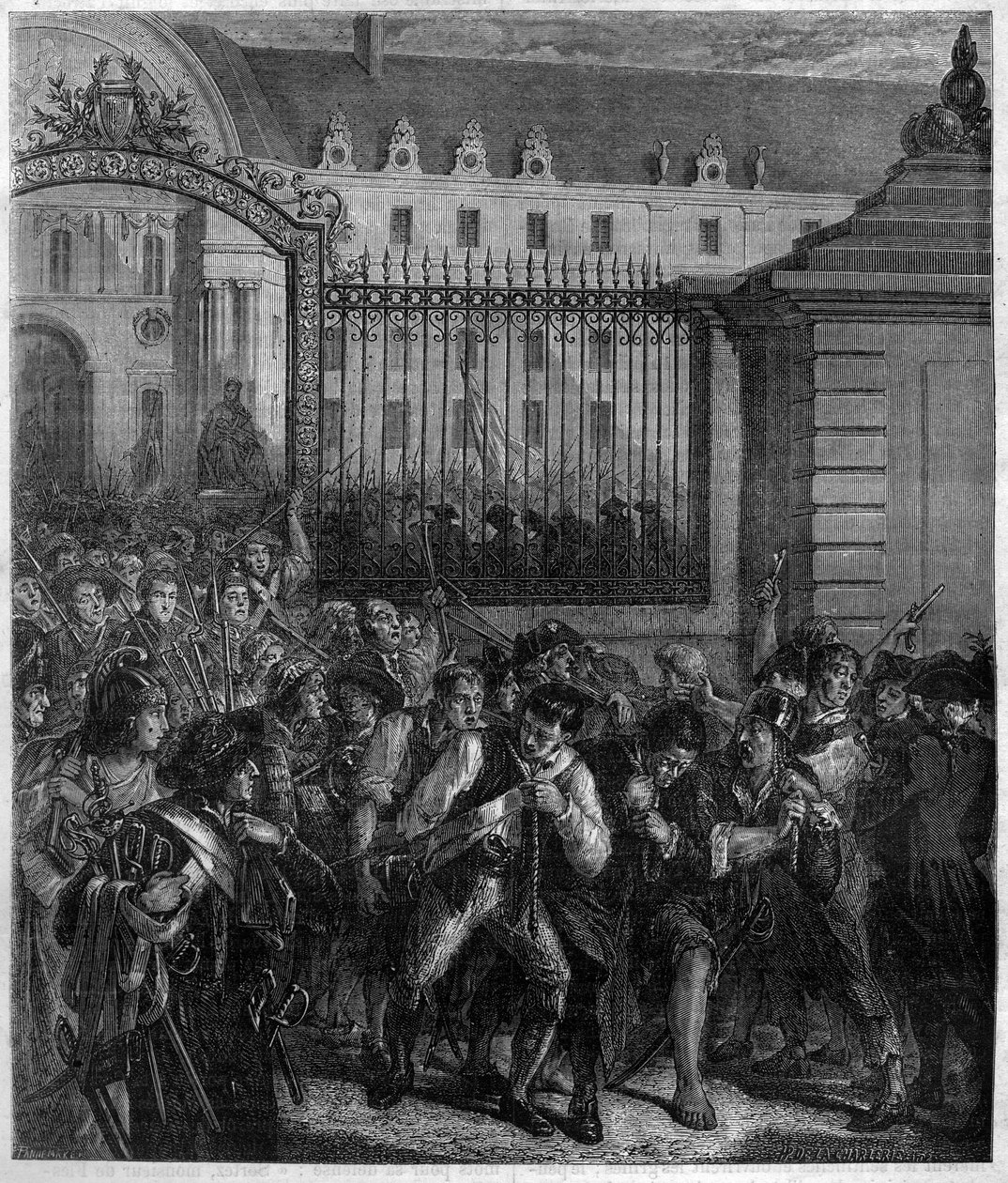 Fjernelse af våben fra de invalide af folket "mod despotisme er opstand den helligste af rettigheder og den allerhelligste af pligter". Indgravering i "Histoire des Papes-Rois-Queen and Empereurs a travers les centuries"" af Maurice Lachatre af French School