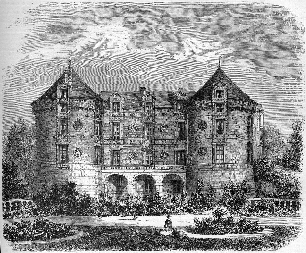 Renæssancearkitektur - slottene i Loire: udsigt over facaden på Chateau du Lude i 1857. Le Lude, Sarthe (72). Indgravering i "" Le Monde Illustré"" nr. 28 af 24. oktober af French School
