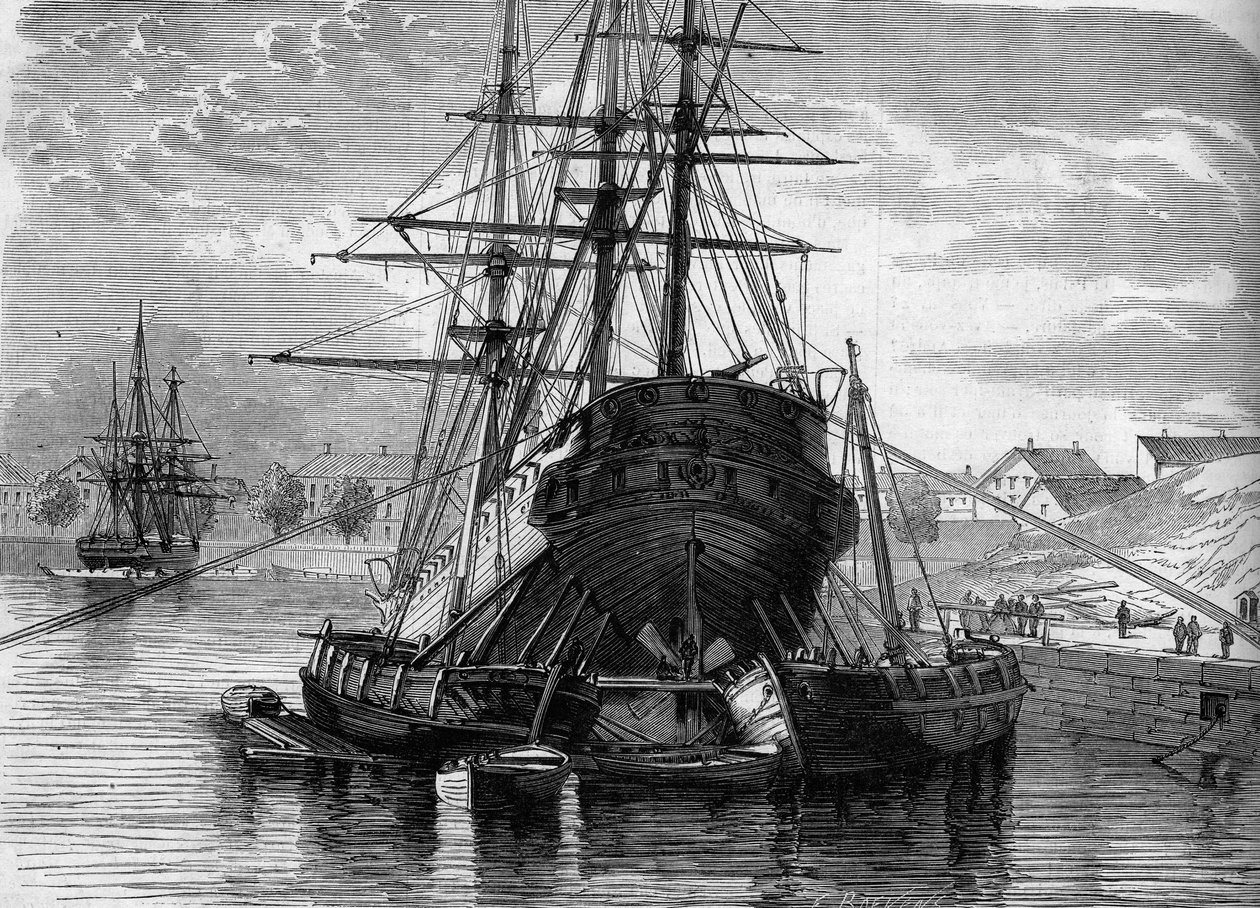 Reparation af et skib (damperen "Vera Cruz"): vi løfter bagenden for at sætte spiralen opdaget. 1863. Indgravering i "" Le Monde Illustré"" nr. 320 af 30. maj 1863. af French School