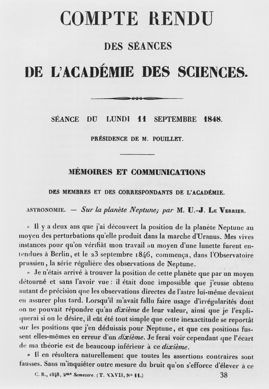 Rapport om sessionerne ved Academie des Sciences af Jean Joseph Le Verrier (1811-77) på planeten Neptun, 11. september 1848 af French School