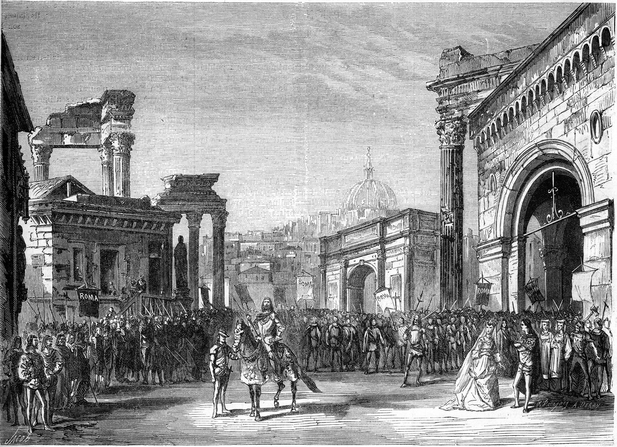 Repræsentation af en opera: "Rienzi" af Richard Wagner (1813-1883). Scene fra akt III (Forum). Paris, Lyrisk Teater af French School