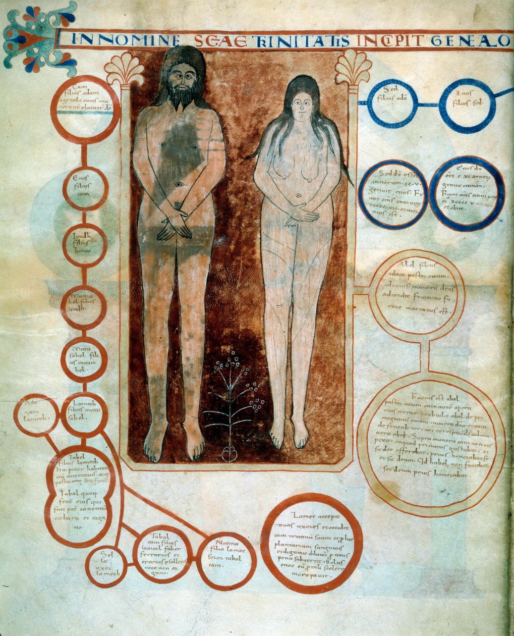Repræsentation af Adam og Eva, de røde medaljoner repræsenterer linjen af Kain, ødelagt af Deluge Miniature, der illustrerer kommentarerne til "Apokalypsen ifølge Saint John" skrevet i 775 af munken Beatus de Liebana af French School