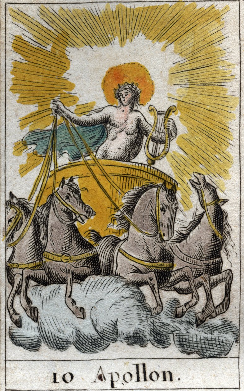 Repræsentation af Apollo, gud for sang, musik og poesi, på sin vogn (Apollo, lysets gud, musik, poesi). Fra "Mythology of Youth" af Pierre Blanchard 1803. af French School