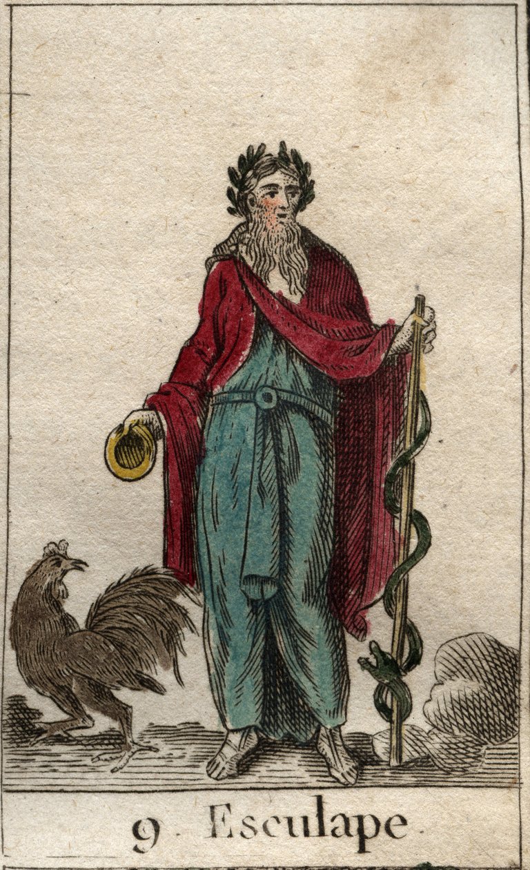Repræsentation af Asclepios, medicinens gud, han holder en pind af Asclepios (løvfældende), en pind af pelerine, hvorpå der er viklet en slange, symbol på viden (medicinens gud, Asclepius (eller Asclepios eller Aesculapius) holder en stang af Asklepius ( af French School