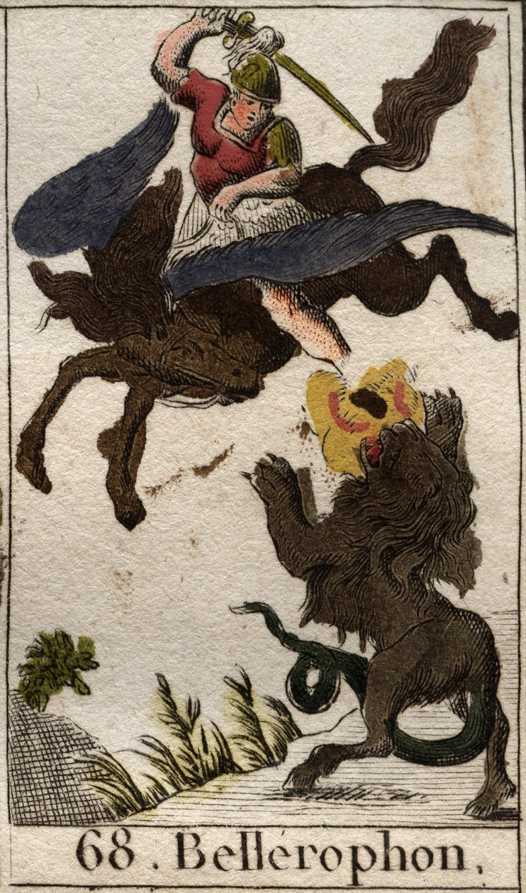 Repræsentation af Bellerophon, rider på Pegase, dræber kimæren (repræsentation af Bellerophon, på Pegasus, der spidder kimæren). Fra "Mythology of Youth" af Pierre Blanchard 1803. af French School