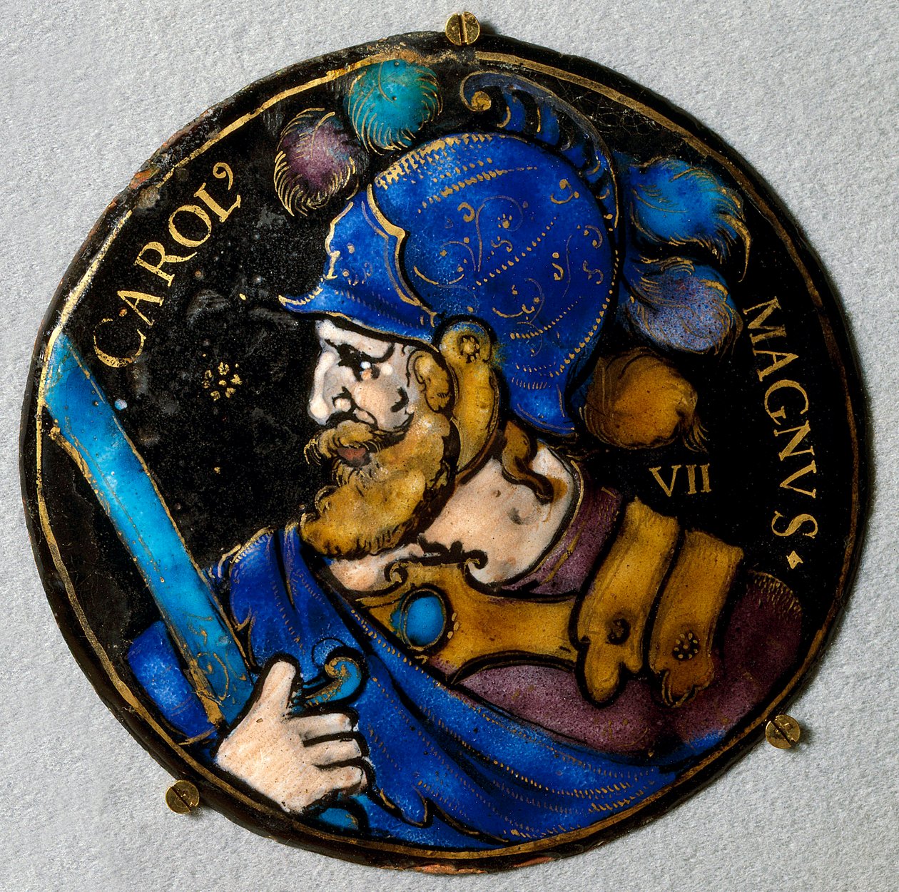 Repræsentation af Karl den Store (Karl I den Store) (742 - 814), konge af Frankrig. Medaljon i e-mail fra Limoges fra det 16. århundrede. Hør, National Renaissance Museum af French School