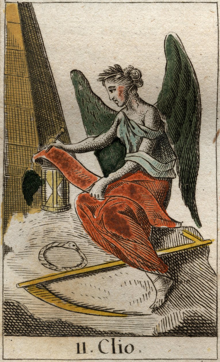 Repræsentation af Clio, historiens muse, som en ung pige kronet med laurbær, der holder en rulle papyrus i hånden for at registrere historiske fakta (Clio (eller Kleio), historiens muse, kronet med laurbær og holder en pergamentrulle). Fra "Mythology of Yo af French School