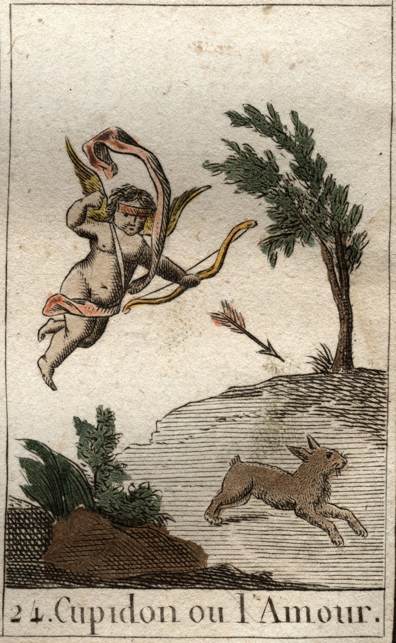 Repræsentation af Amor, eller Amour, tjener af Venus, som et barn med bind for øjnene, der tegner en pil (Amor, kærlighedens gud, som et barn med bind for øjnene, tegner en pil). Fra "Mythology of Youth" af Pierre Blanchard 1803. af French School