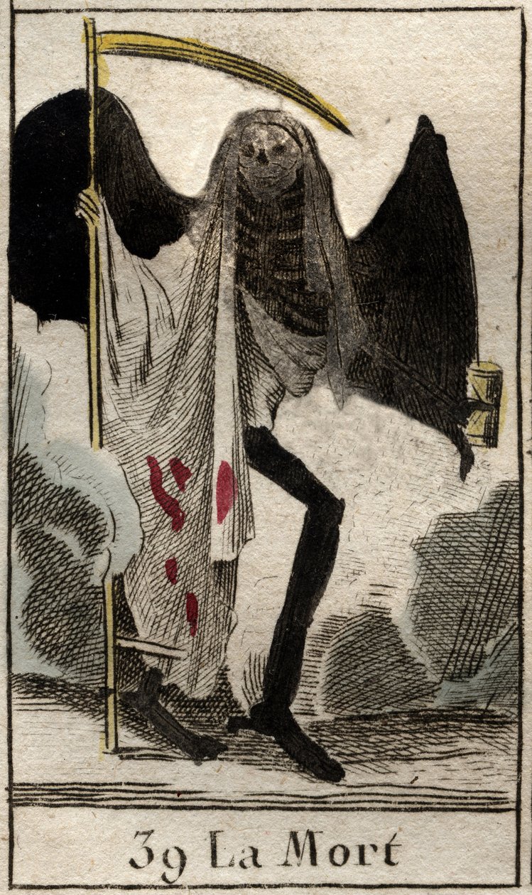Repræsentation af Døden, skelet klædt i sort og vinge, han holder en stor falsk. (Døden, bevinget skelet klædt i sort, holder en le) Fra "Mythologie de la jeunesse" af Pierre Blanchard 1803. af French School