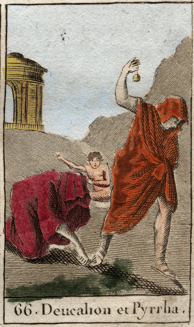 Repræsentation af Deucalion og Pyrrha, de eneste overlevende efter syndfloden forårsaget af Zeus for at ødelægge den menneskelige race. Themis efter syndfloden beder dem om at gå med hovedet tildækket ved at kaste deres mors knogler bag sig (Jordens sten) af French School