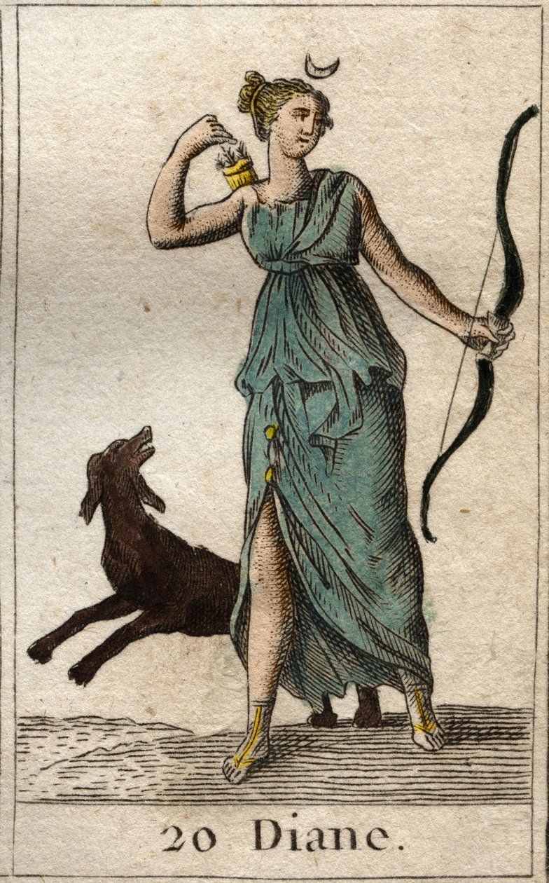 Repræsentation af Diana, jagtens gudinde, hun holder en bue og pile (Repræsentation af Diana, jagtens gudinde). Fra "Mythology of Youth" af Pierre Blanchard 1803. af French School