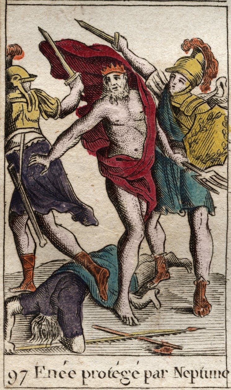 Repræsentation af Enee, der, beskyttet af Neptun, afviger fra kampen mod Achilleus. (Repræsentation af Aeneas, der beskyttet af Neptun forlader kampen mod Achilleus). Fra "Mythology of Youth" af Pierre Blanchard 1803. af French School