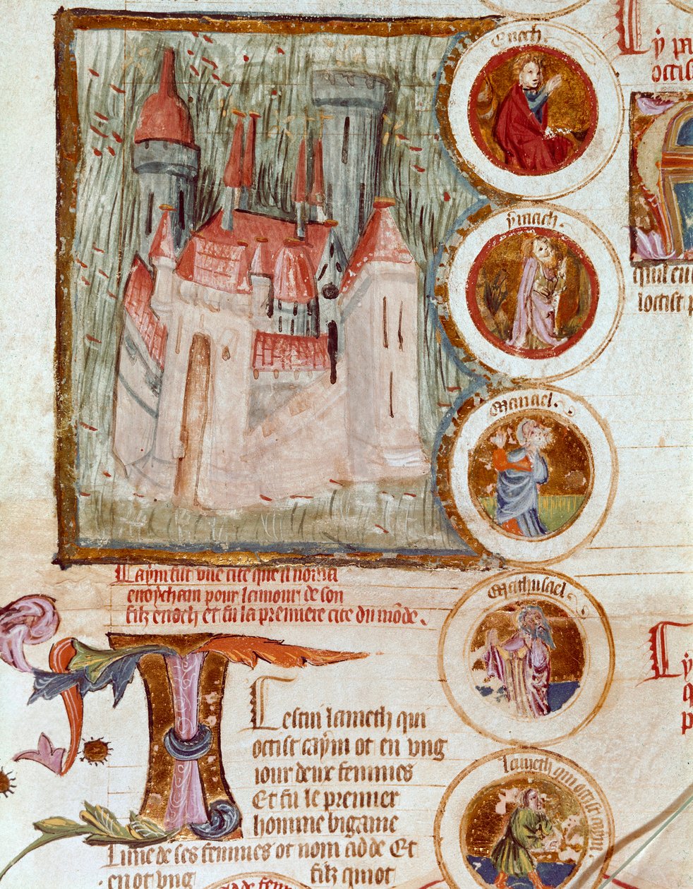 Repræsentation af Enocham, første citat af verden grundlagt af Yared (Yered, Jared eller Jareth) som hyldest til hans søn Enoch (Henoch eller Henoc) Page taget fra manuskriptet "Genealogy de la Bible"" fra den franske skole. Cremone fra det 14. århundrede, af French School