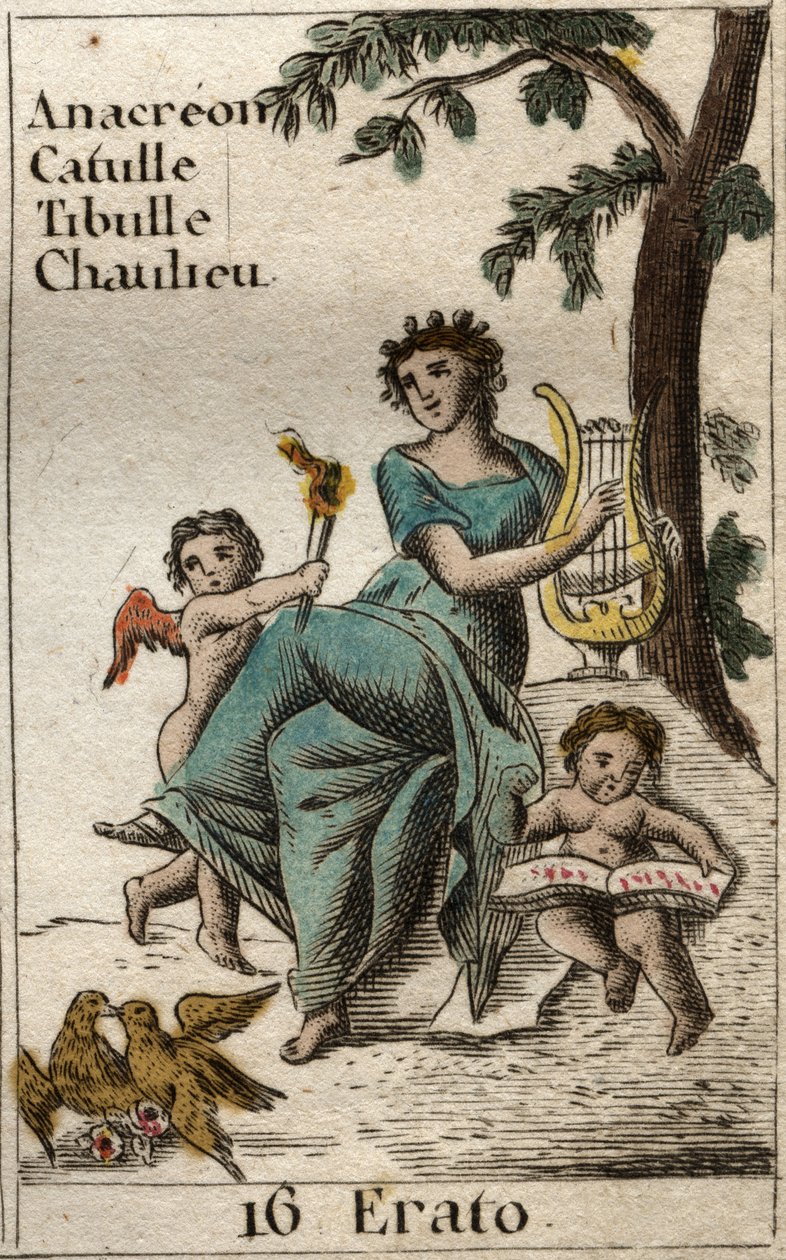 Repræsentation af Erato, muse af lyrisk poesi, der holder en lyre (Representation of Erato, Muse of lyric poetry, holding a lyre). Fra "Mythology of Youth" af Pierre Blanchard 1803. af French School