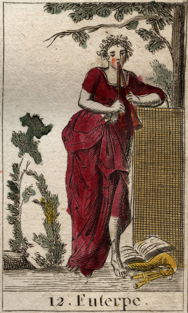 Repræsentation af Euterpe, musikkens muse, omgivet af nodebøger og spiller dobbeltfløjte (aulos) (Euterpe, musikmuse, der viser at holde en dobbeltfløjte (aulos)). Fra "Mythology of Youth" af Pierre Blanchard 1803. af French School