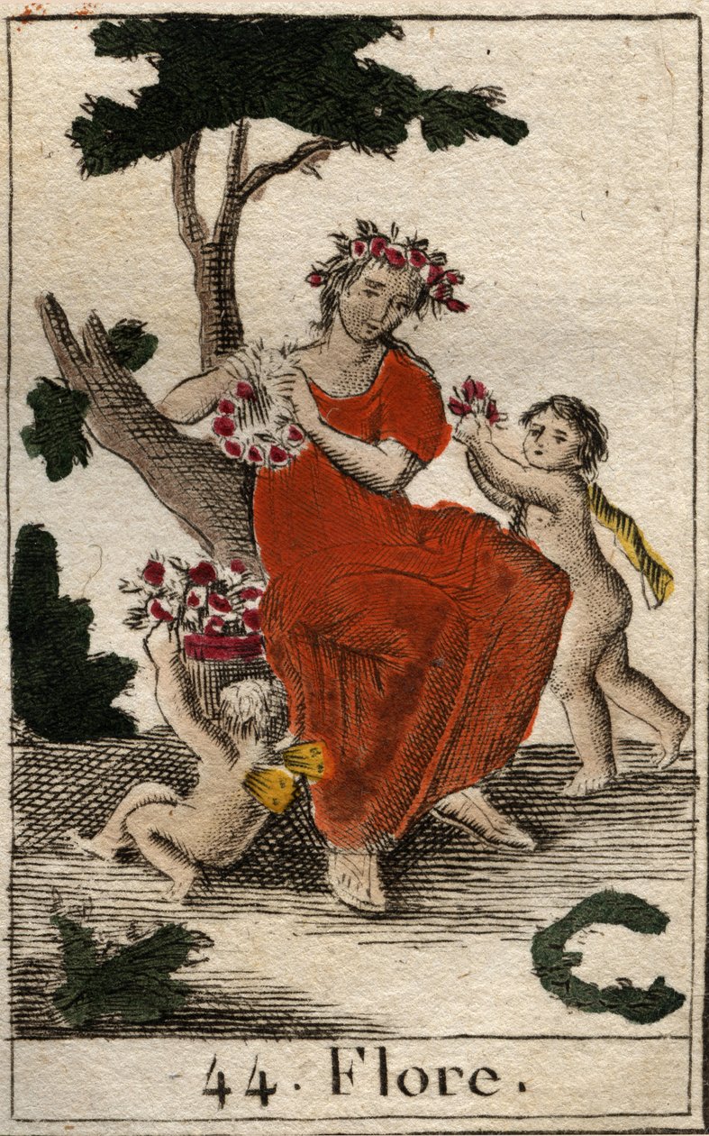 Repræsentation af Flora (Flora), gudinde for blomster. (Flora, blomstergudinden og forårstiden) Fra "Mythologie de la jeunesse" af Pierre Blanchard 1803. af French School