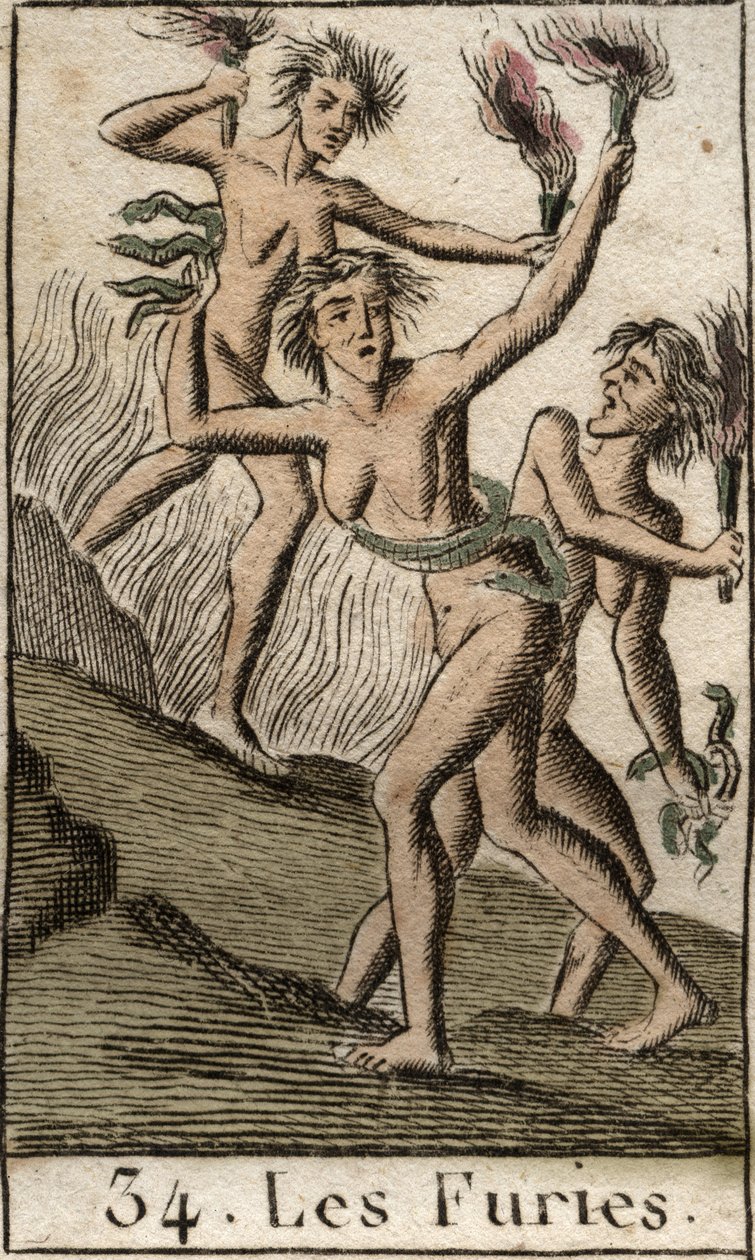 Repræsentation af Furies, Tisphone, Megere og Alecton, forfølgende af guddommelige, som discharnees (Furies, Tisphone, Megaera og Alecto, repræsenteret som afmagrede kvinder). Fra "Mythology of Youth" af Pierre Blanchard 1803. af French School