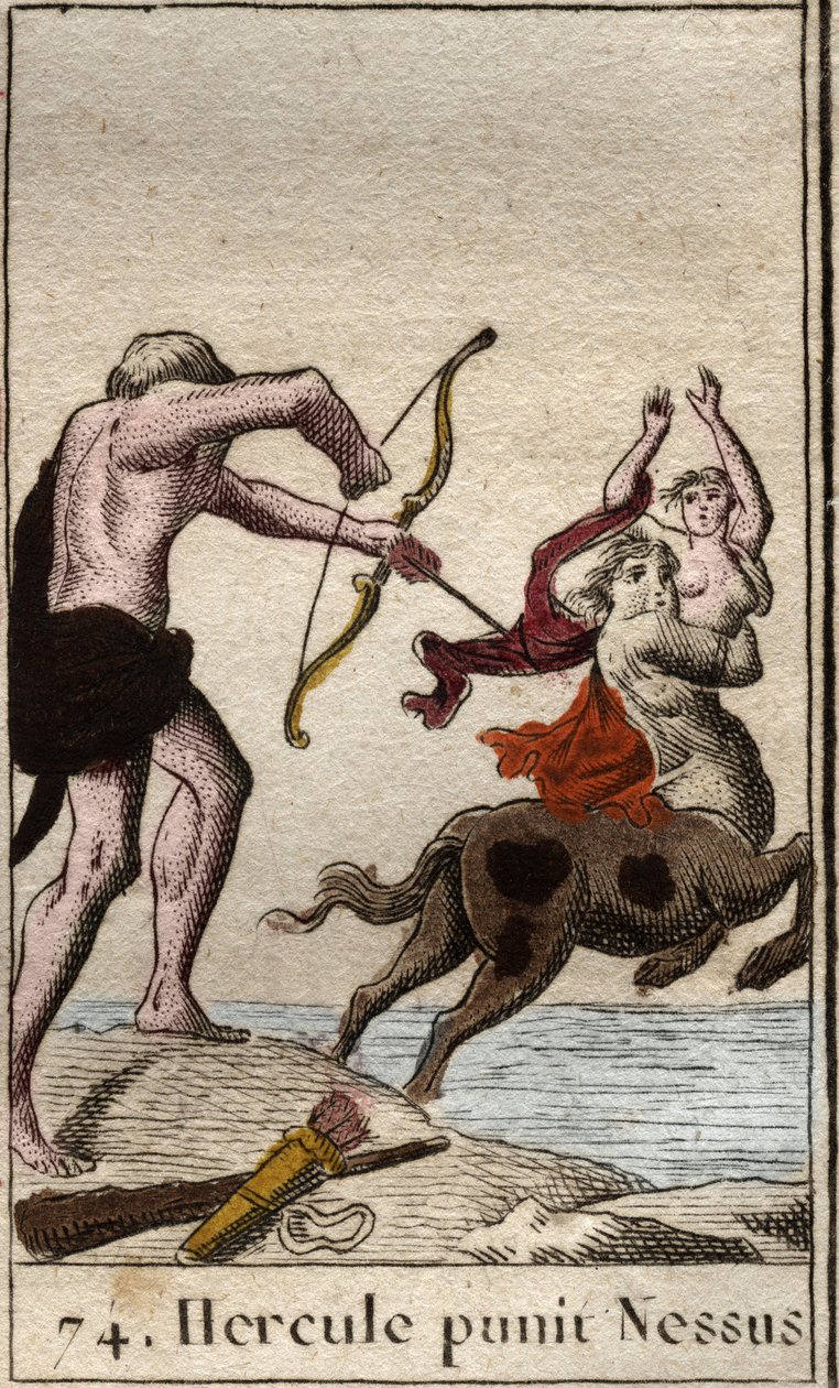 Repræsentation af Hercules, der decocherer en forgiftet pil til kentauren Nessus (Nessos), der kidnapper sin kone Dejanire (Hercules (Heracles) skød en forgiftet pil til kentauren Nessus, der forsøger at kidnappe Deianira) Fra "" Mythologie de la jeunesse  af French School