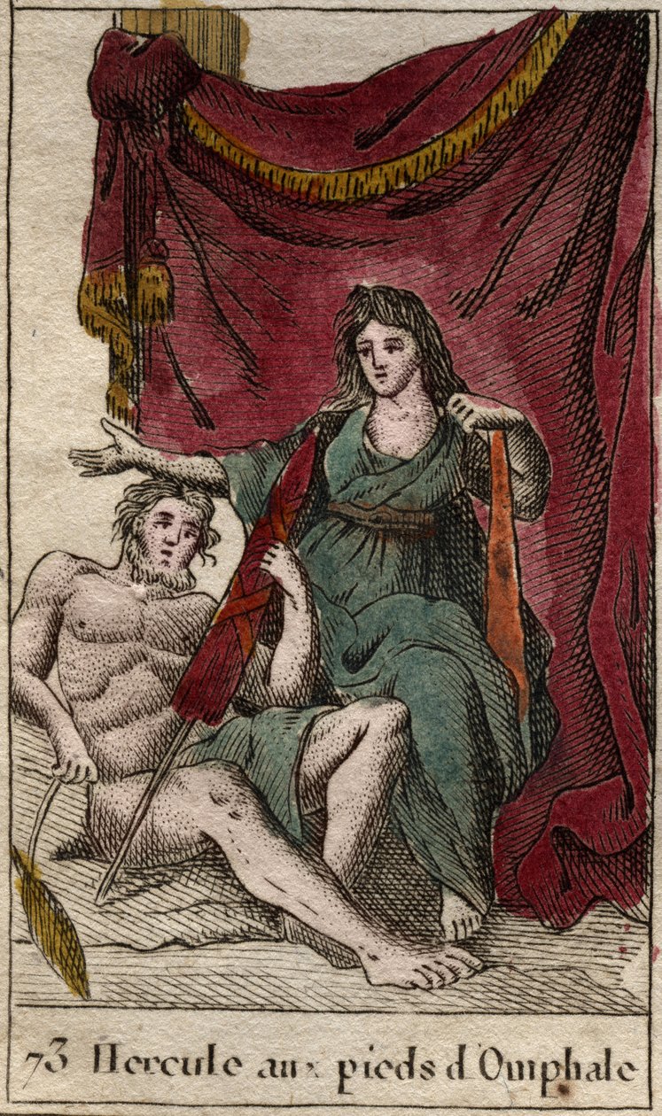 Repræsentation af Hercules, elsker af Omphale, strækker sig en ses pieds, med en cenouille (Heracles (Hercules) liggende ved fødderne af Omphale, han er forelsket i, holder en distaff) Fra "Mythologie de la jeunesse "" af Pierre Blanchard 1803. af French School