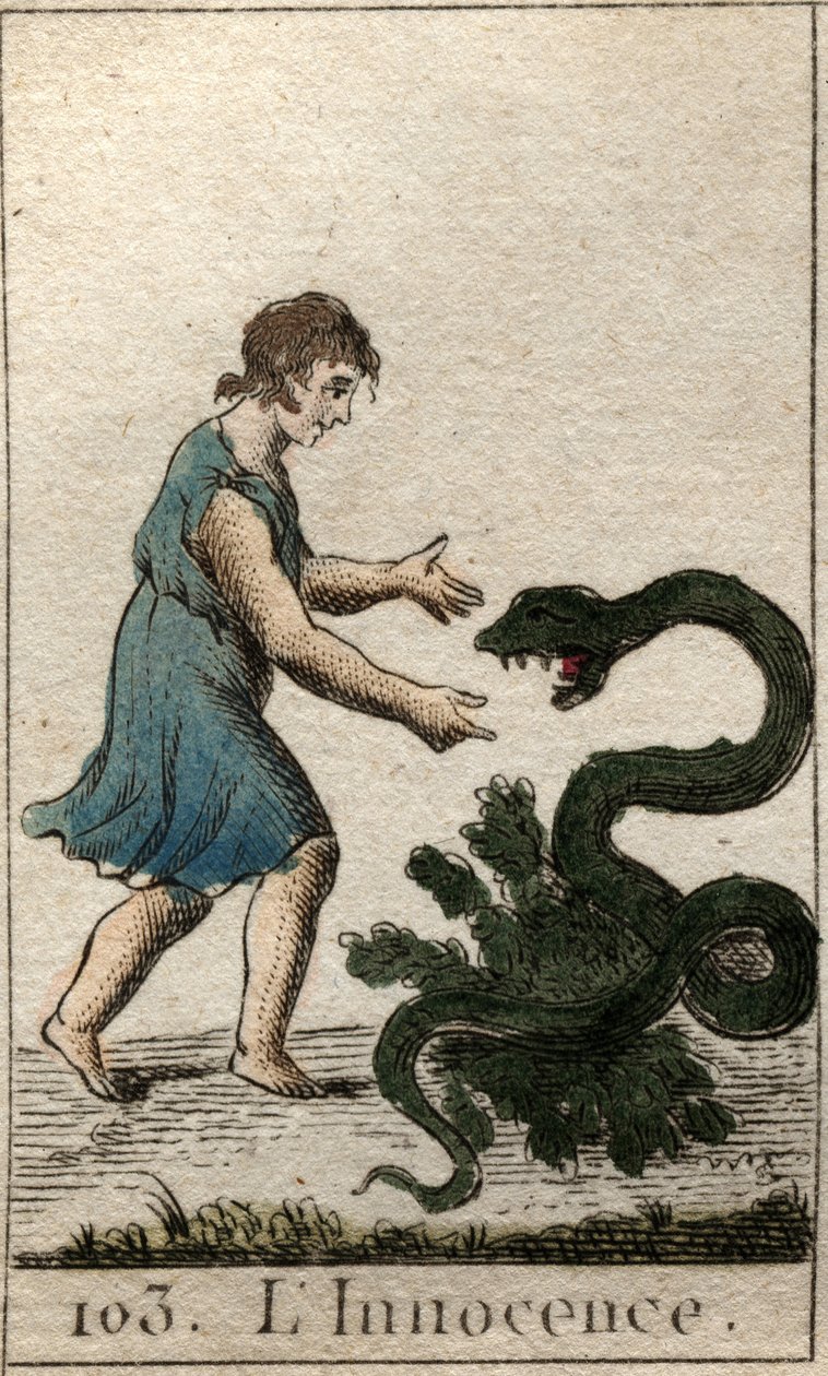 Repræsentation af uskyld, som et barn, der fodrer en farlig slange. Fra "Mythology of Youth" af Pierre Blanchard 1803. af French School