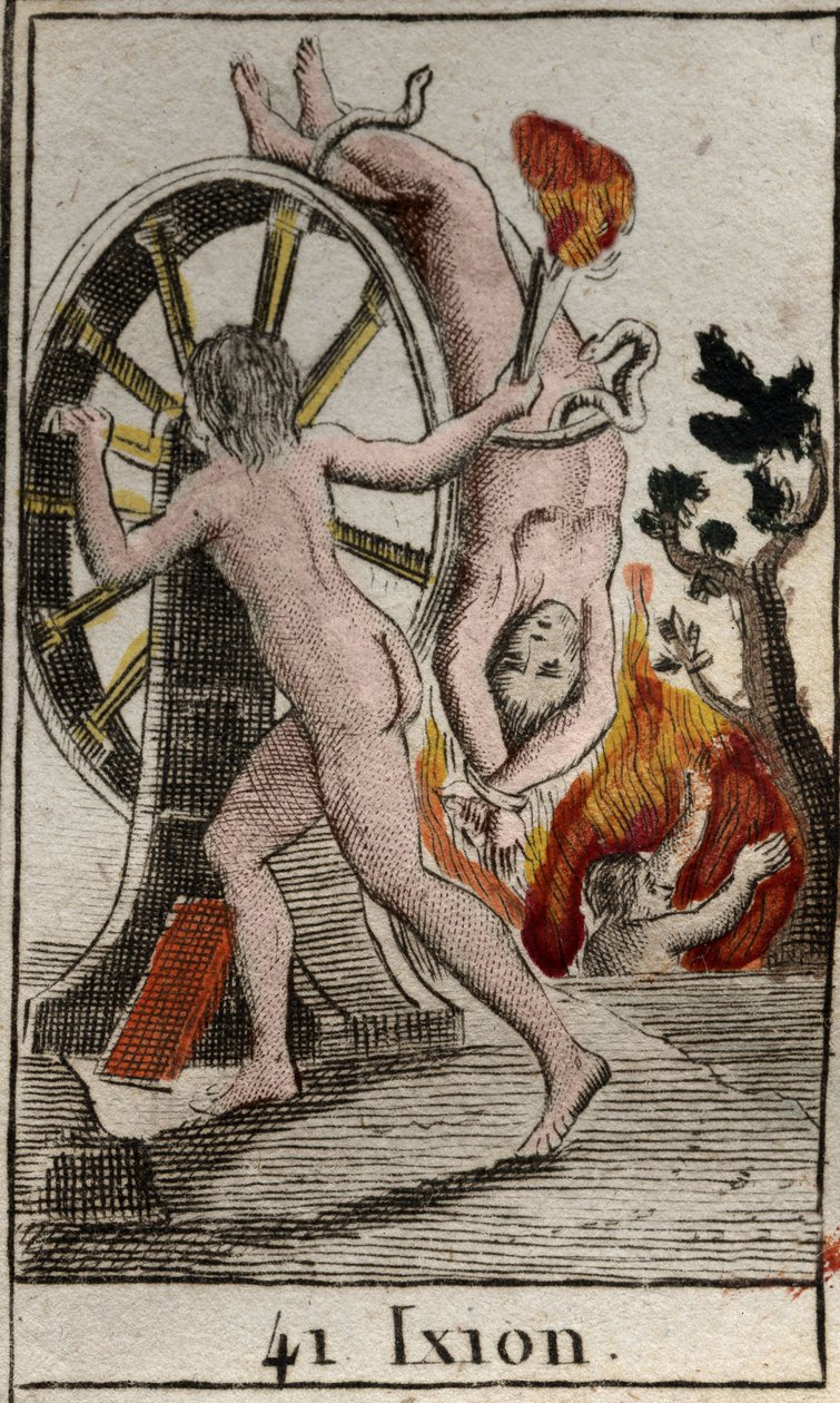 Repræsentation af Ixion, straffet af guderne, er han dømt til at blive lænket til et brændende hjul, der drejer uendeligt. (Ixion, straffet af guderne, er bundet til et bevinget ildhjul, der altid drejer) Fra "Mythologie de la jeunesse" af Pierre Blanchard af French School