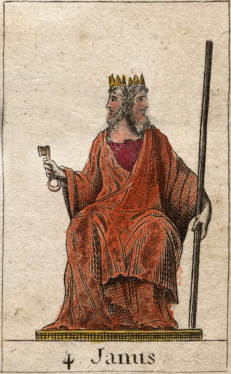 Repræsentation af Janus, begyndelsens guddom og passager, han er repræsenteret med to ansigter (Janus (eller Ianus) er guden for porte, døre, begyndelser og slutninger, repræsenteret med to ansigter og en nøgle). Fra "Mythology of Youth" af Pierre Blanchar af French School
