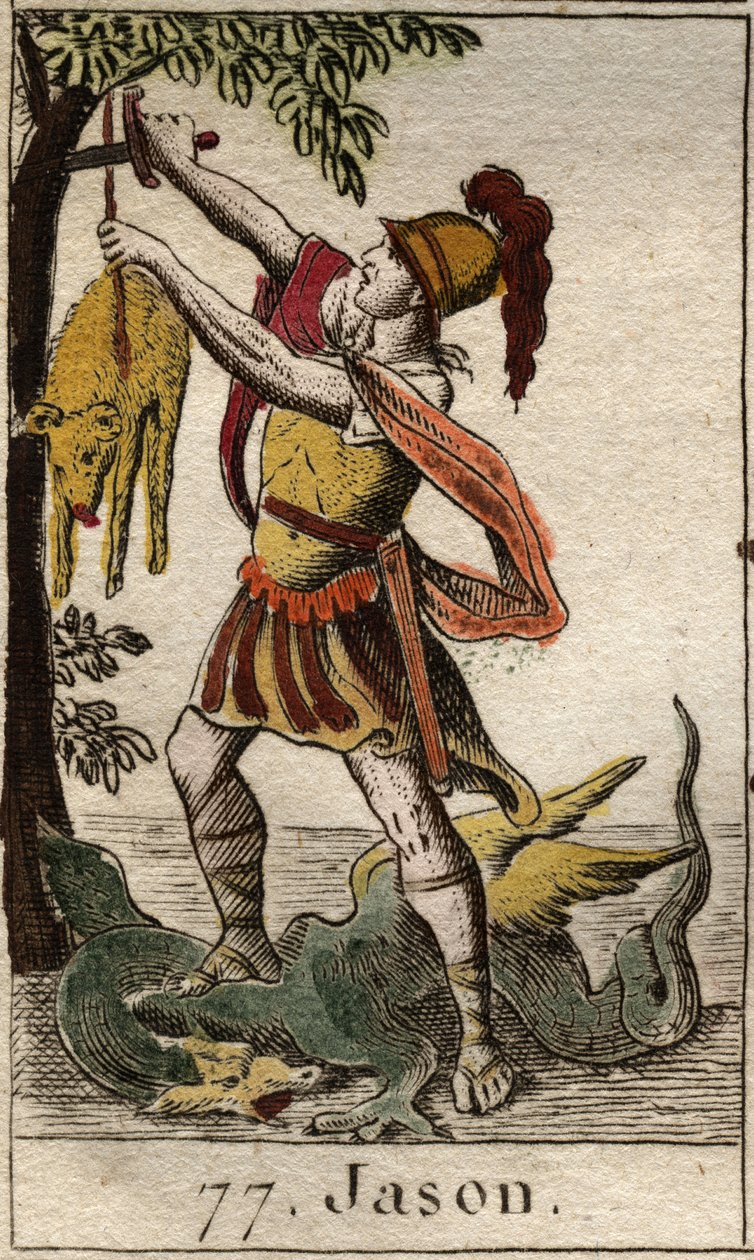 Repræsentation af Jason, der genvinder det gyldne skind, skind af Chrysomallos, belier fløj, efter triumf af den sovende drage, der vogtede det gyldne skind og fangede den. Fra "Mythology of Youth" af Pierre Blanchard 1803. af French School