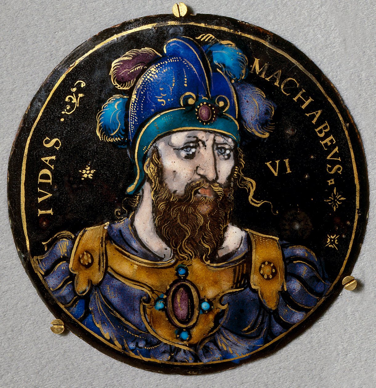 Repræsentation af Judas Macchabee (Maccabee eller Macabee), med tilnavnet hammeren, efterfølger til hans far Matathias (Matathias, Mattathias) i spidsen for jødernes oprør mod undertrykkelsen af seleukiderne. Medaljon i e-mail fra Limoges of the af French School
