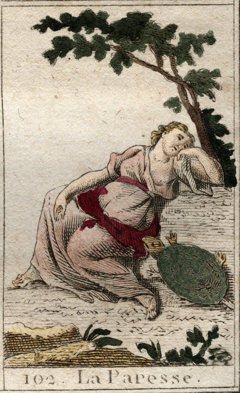 Repræsentation af Dovenskab, datter af Natten og Søvnen som en ung mand med en skildpadde. Fra "Mythology of Youth" af Pierre Blanchard 1803. af French School