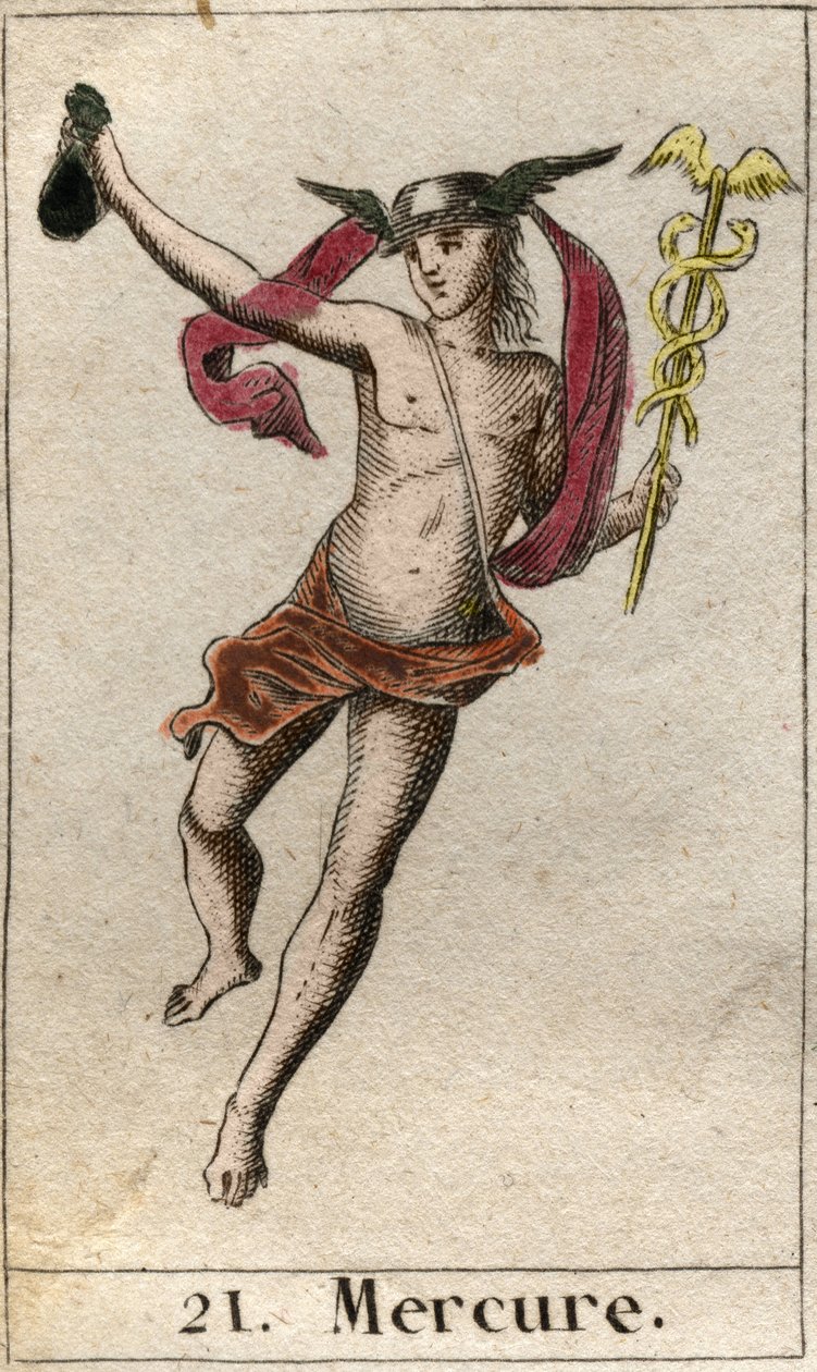 Repræsentation af Merkur, gud for handel, rejser og budbringer for andre guder. Han holder en caduceus og bærer en petase (Mercury, handelens gud og de andre guders budbringer, han holder en caduceus og bærer en petasos). Fra "Mythology of Youth" af Pierre af French School