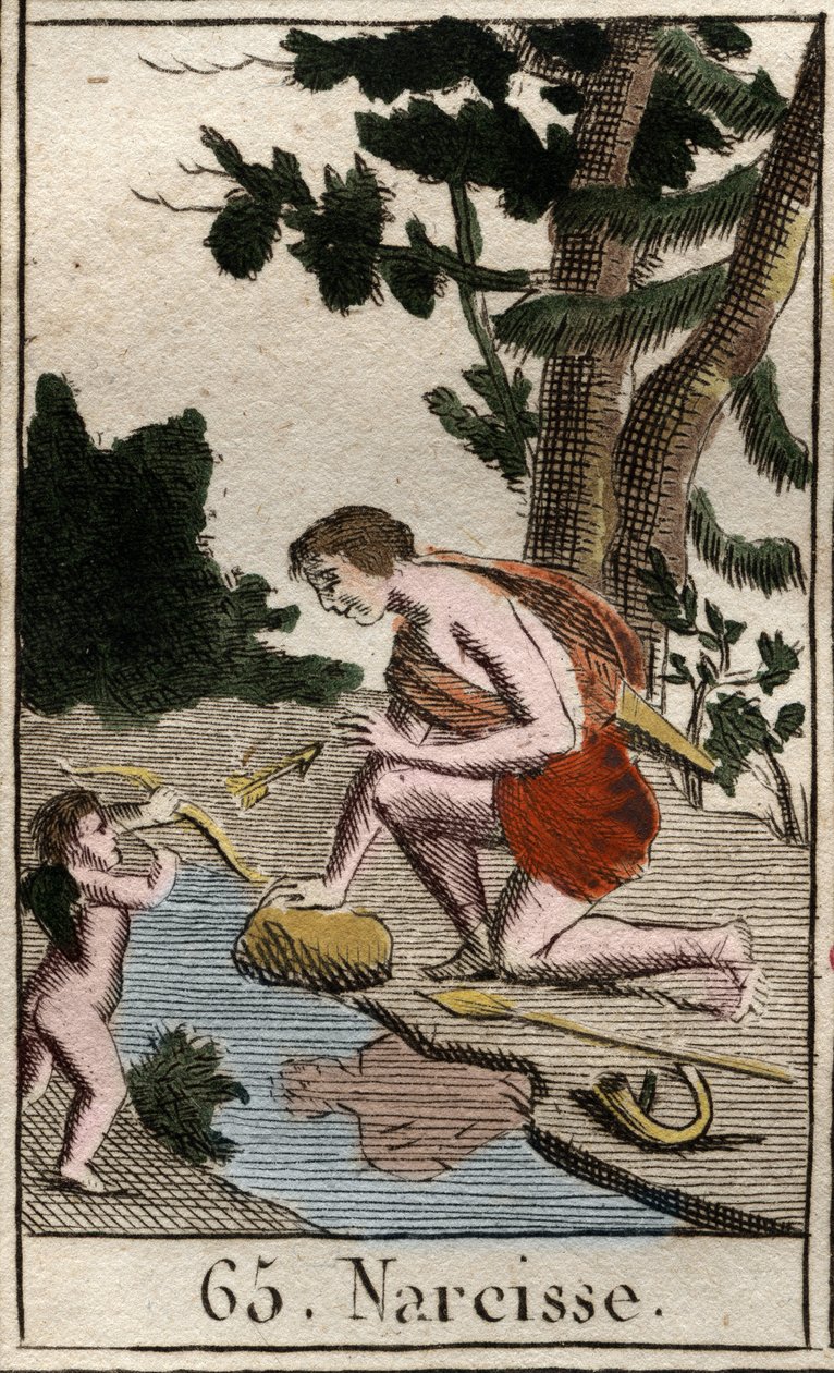 Repræsentation af Narcisse, en ung mand forelsket i sig selv, ser han konstant på sin refleksion. (Repræsentation af Narcissus, ung mand, der er forelsket i sig selv, beundrer han konstant ved sin refleksion). Fra "Mythology of Youth" af Pierre Blanchard 1 af French School