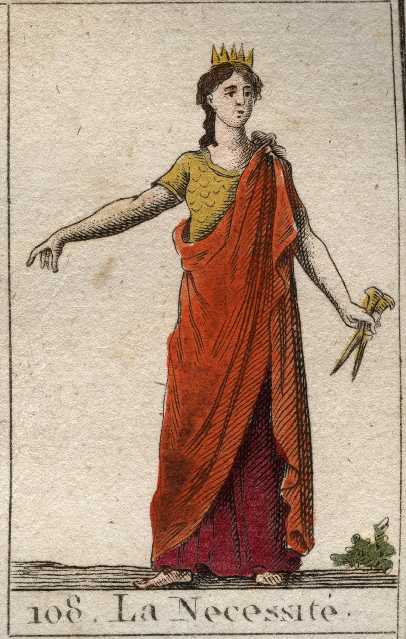 Repræsentation af Nødvendigheden, som en ubøjelig kvinde, Fortunes datter, med bronzehænder. Fra "Mythology of Youth" af Pierre Blanchard 1803. af French School