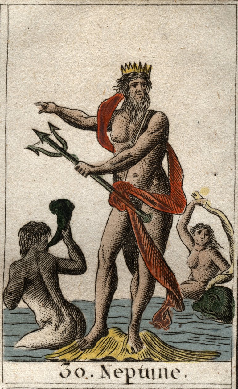 Repræsentation af Neptun, havets gud, han holder en trefork. (Havets Gud Neptun, han holder en trefork). Fra "Mythology of Youth" af Pierre Blanchard 1803. af French School
