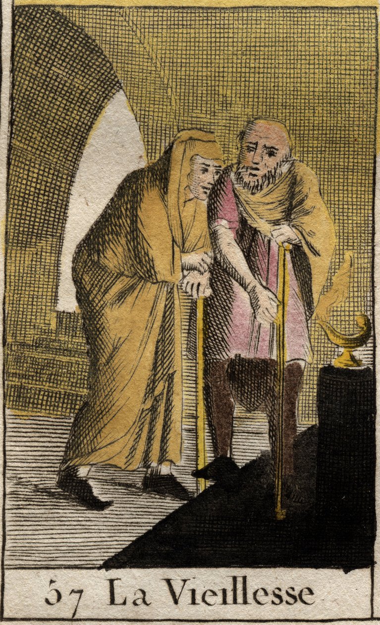 Repræsentation af alderdom, gammel kvinde lænet op på en pind. (Repræsentation af alderdommen, hun hviler på en pind). Fra "Mythology of Youth" af Pierre Blanchard 1803. af French School