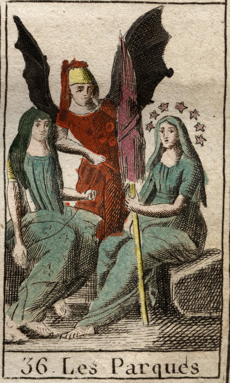 Repræsentation af Parques (skabe), Clotho, Lachesis og Atropos, guddomme af menneskelig skæbne, fra fødsel til død, som meget gamle kvinder, der spinder. (Parcae, Clotho, Lachesis og Atropos, personificering af den menneskelige skæbne, repræsenteret som ga af French School