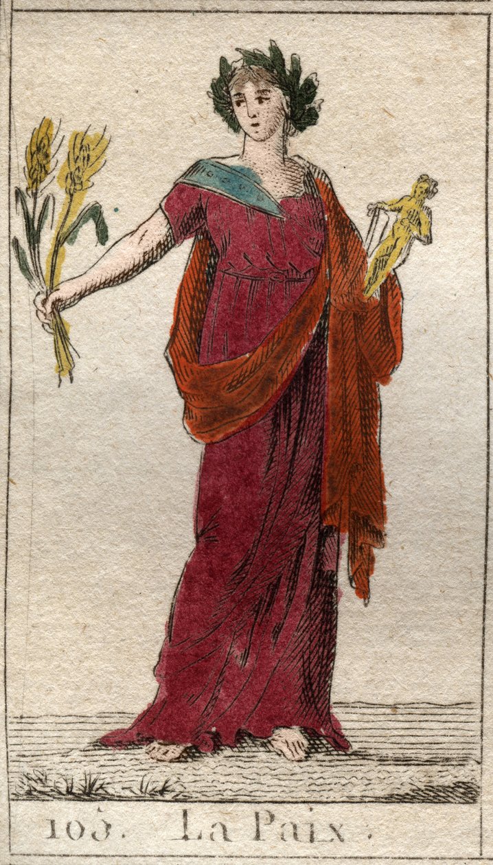 Repræsentation af fred, som en kvinde kronet med laurbær, der holder en skurv. Fra "Mythology of Youth" af Pierre Blanchard 1803. af French School