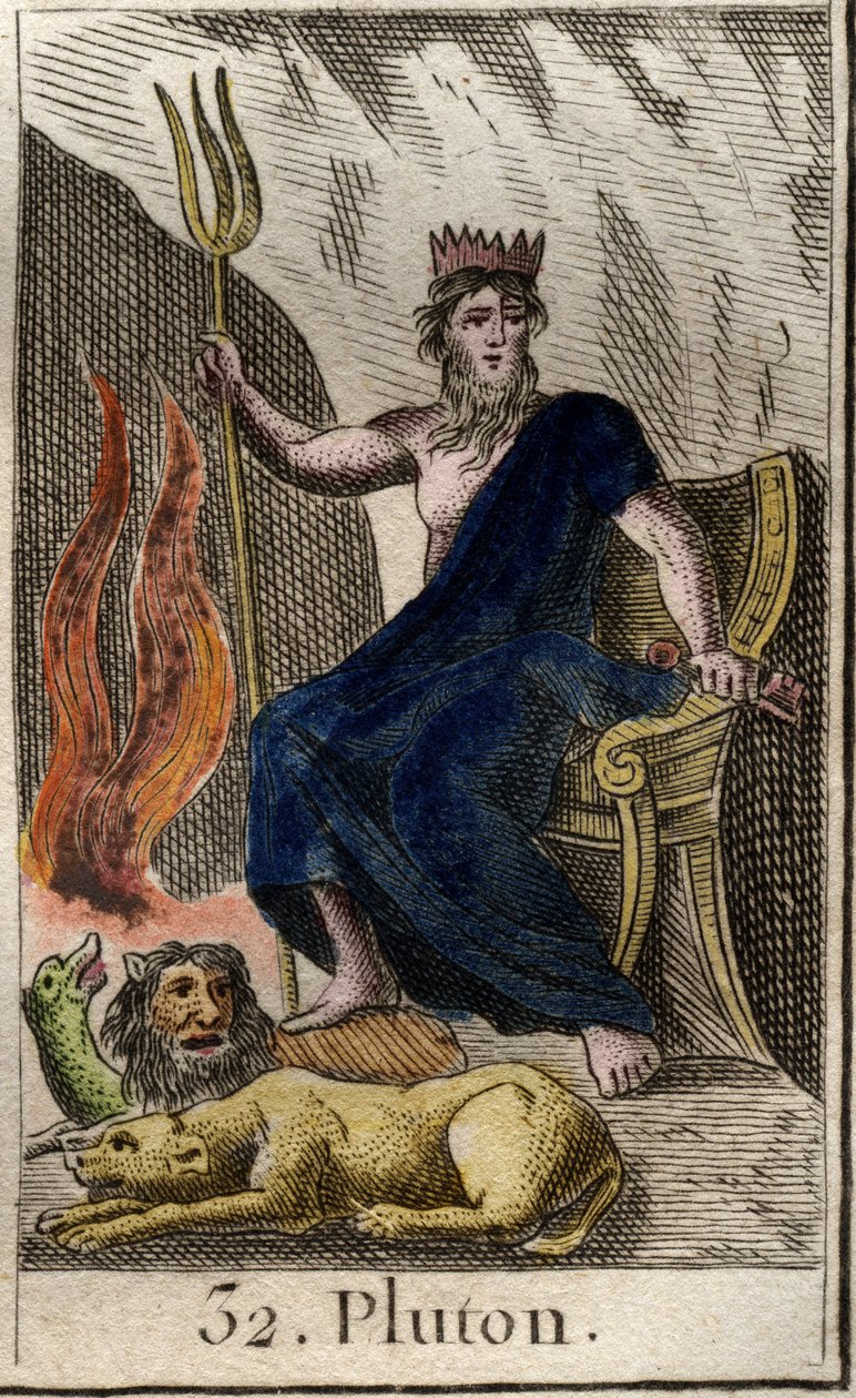 Repræsentation af Pluto, underverdenens gud, har sine fødder Cerbere, hund med tre hoveder, underverdenens vogter. (Pluto, helvedes gud med Cerberus, hund med tre hoveder). Fra "Mythology of Youth" af Pierre Blanchard 1803. af French School