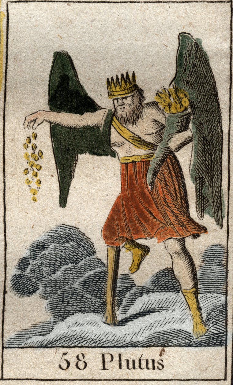 Repræsentation af Plutus (Ploutos), rigdommens gud, han er krone og blind, kaster gaver tilfældigt. (Repræsentation af Plutus, rigdommens gud, han er kronet og blind, han kaster gaver tilfældigt). Fra "Mythology of Youth" af Pierre Blanchard 1803. af French School