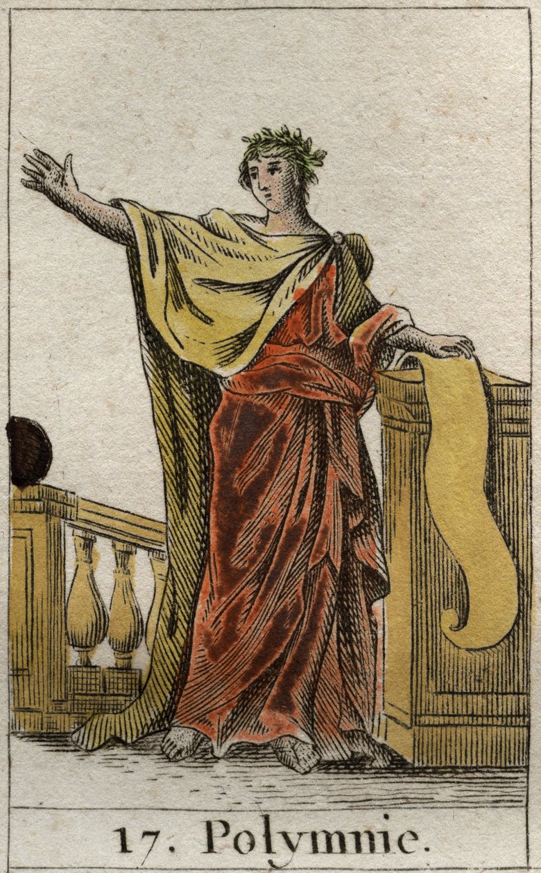 Repræsentation af polyhymni, muse af hellig hymne og veltalenhed. Fra "Mythology of Youth" af Pierre Blanchard 1803. af French School
