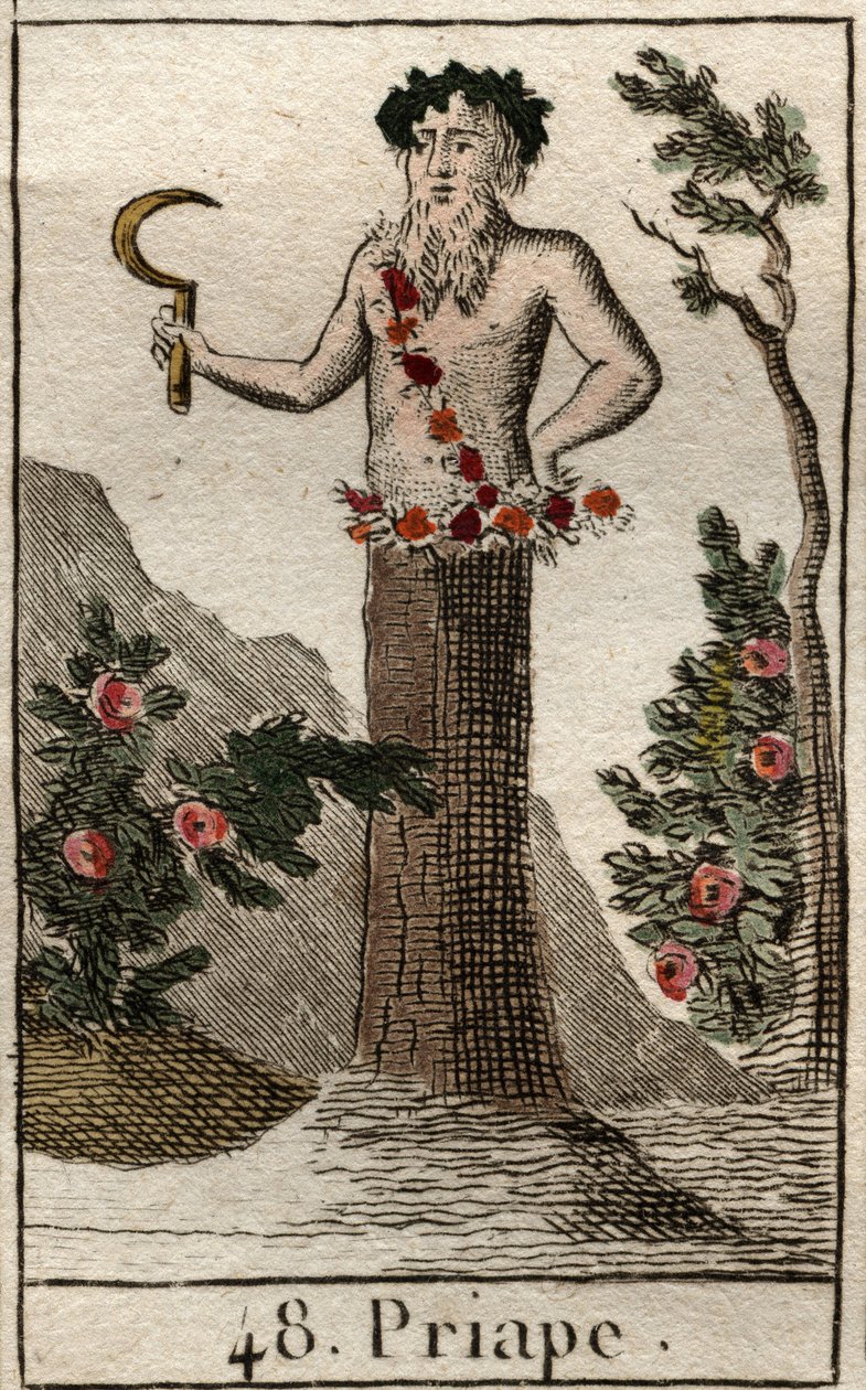 Repræsentation af Priape, gud for libertinage og frugtbarhed, repræsenterer ofte med en penisgigant i erektion, der holder en segl i hånden. (Priapus, rustik frugtbarhedsgud, ofte repræsenteret med en permanent rejst penis, han holder en segl). Fra "Mythol af French School