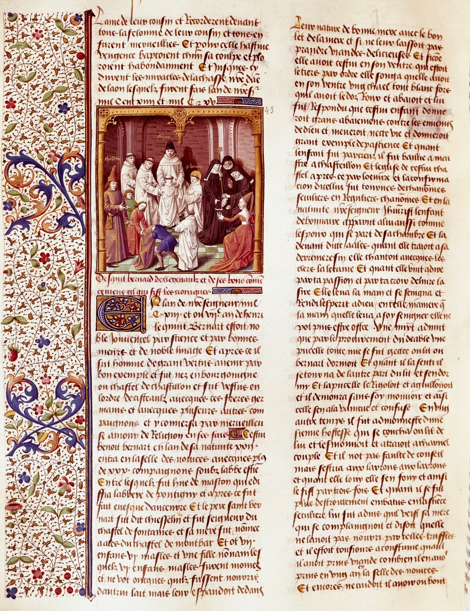 Fremstilling af Sankt Bernhard af Clairvaux (San Bernardo di Chiaravalle) (1090-1153) barn. Han er i midten af billedet med en aureole over hovedet. Miniature i "Le miroir historial" (Speculum Historiale) (ms. 1196, fol. 372) af Vincent de Beauva. af French School
