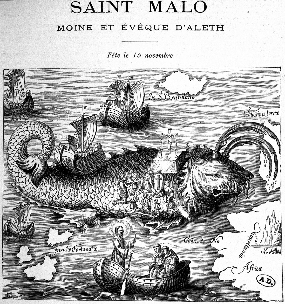Repræsentation af Saint Malo (Saint Maclou) på ryggen af en hval repræsenteret i vejen for Saint Brendan (Brandan) af Clonfert eller Breanainn af Clonfert (ca. 484-577/578) - gravering af French School