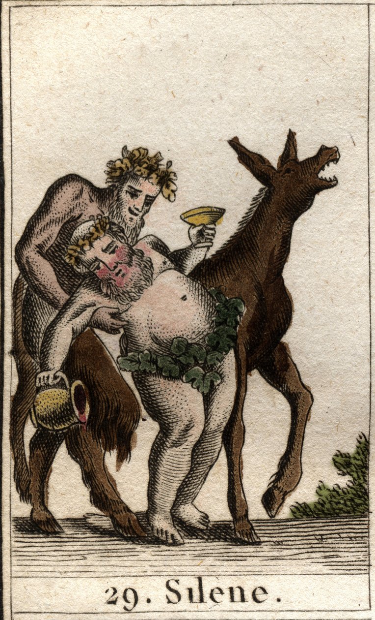 Repræsentation af Silene, ledsager af Bacchus, fuld, understøttet af en satyr. (Bachus Silenus