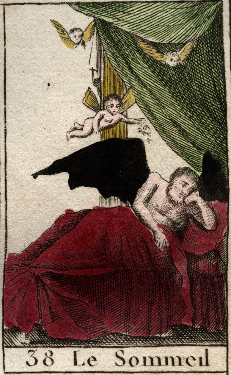 Repræsentation af søvn, hvilende evigt i et palads, nær drømmevinger. (Somnus, søvnens gud, han sover i et palads omgivet af bevingede drømme) Fra "Mythologie de la jeunesse" af Pierre Blanchard 1803. af French School