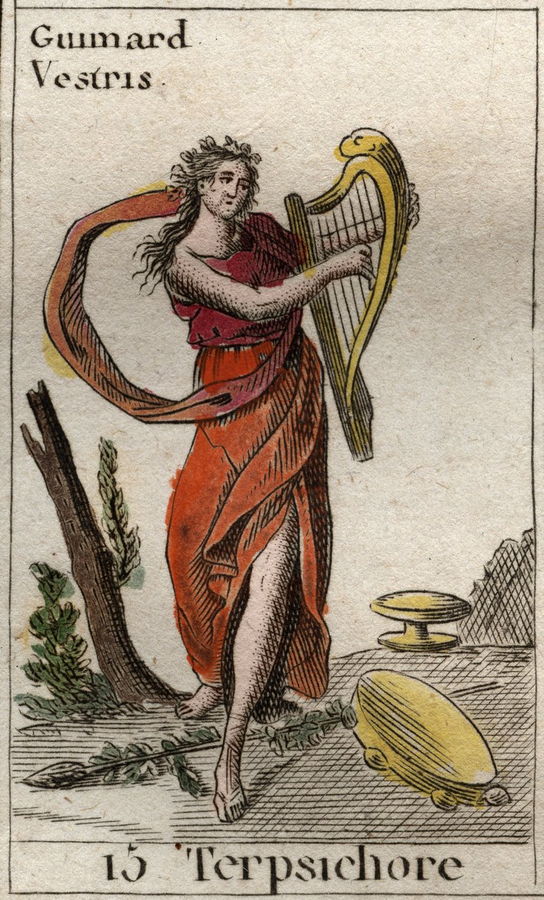 Repræsentation af Terpsichore, dansens muse, hun spiller lyre (Repræsentation af Terpsichore, Muse of dance, holder en lyre). Fra "Mythology of Youth" af Pierre Blanchard 1803. af French School