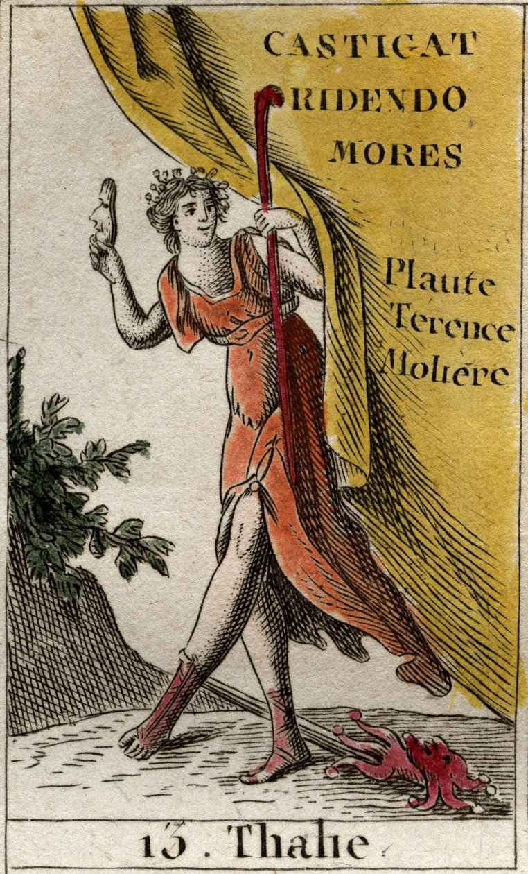 Repræsentation af Thalie, muse for komedie og idyllisk poesi, skildrer kronet med vedbend, iført støvler, med en tegneseriemaske i hånden og en hyrdestav. Fra "Mythology of Youth" af Pierre Blanchard 1803. af French School